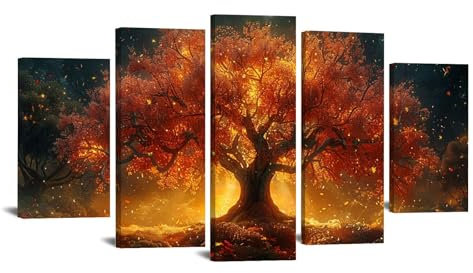 JOSUE 5 PièCes Arbre De Vie Decoration Arbre de vie au soleil Tableau Salon Sur Toile,Or 10 Tableau Decoration Murale Salon Chambre- 80x150cm Encadrée