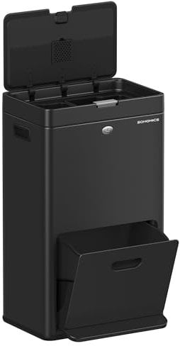 SONGMICS Poubelle de Cuisine, Volume de 2 x 17 L et 26 L, 3 Compartiments pour Ordures Ménagères, Déchets Alimentaires et Recyclable, Filtre à Charbon, Pédale Large, Noir LTB550B01