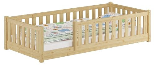 Erst-Holz®Kinderbett, Bodenbett mit dreiseitiger Sicherung 80x180 Kiefer Natur lackiert V-60.77-08-180ohne Zubehör