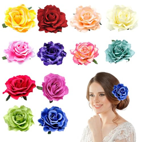 12 Stk Damen Rose Brosche, Elegante Vintage Rose Blume Haarnadel Haar Clip Ansteckblume Haarspangen Blumen Corsage Pins Haarschmuck Kleidung Dekor Anstecknadel für Kleider Hüte Anstecker