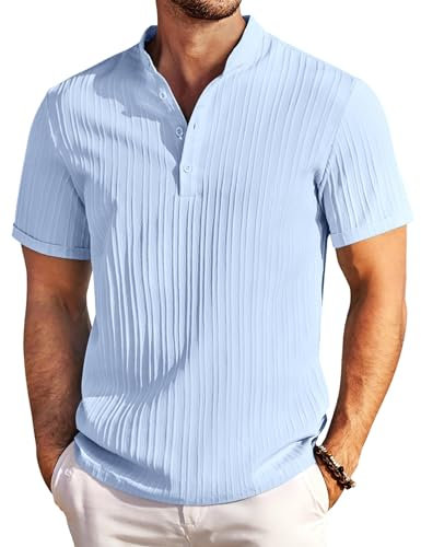 COOFANDY Mens Short Sleeve Shirts Henley Casual Shirt Band Collar Summer Beach Textured Shirts Light Blue XXXL