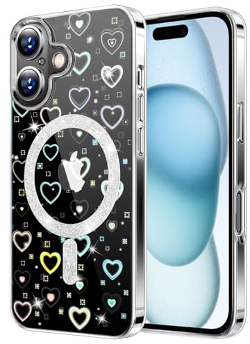 DEVASO Magnetisch Hülle für iPhone 16 Plus Kompatibel mit MagSafe, Farbverlauf Glitzer Herz Muster Transparent Handyhülle, Durchsichtige Flash Hologramm Kratzfest Schutzhülle für Mädchen Frauen