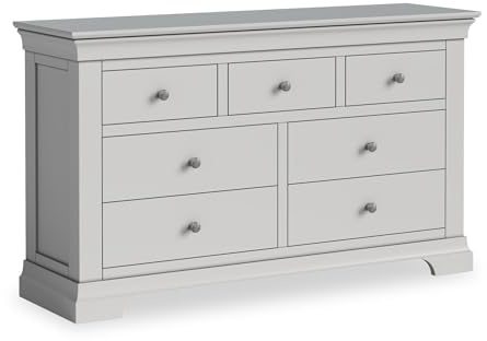 RoselandFurniture Colette Grey Wide 3 Over 4 Chest of Drawers for Bedroom | Fully Assembled, Wooden Storage Dresser with Plinth Base, Painted Pine, French Style, H76cm W130cm D38cm