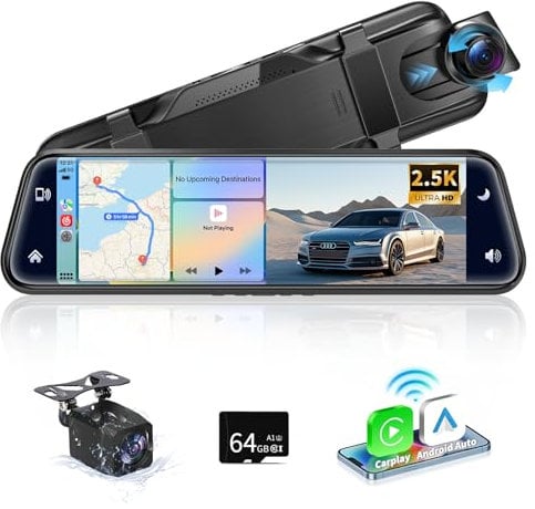 Alpinetech Rückfahrkamera Spiegel mit Wireless CarPlay Android Auto, 9,66 Zoll 2,5K Dashcam Spiegel mit Einparkhilfe Loop-Aufnahme Bluetooth AUX 64G SD-Karte HD Touchscreen, Schwarz