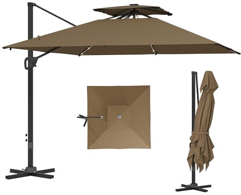 Outsunny 3.5x3 m Garden Cantilever Parasol with Solar LED Lights and Centre Light, UPF50+ Aluminium Patio Umbrella with 360° Rotation and Tilt, Hanging Sun Shade with Cross Base, Crank Handle, Khaki