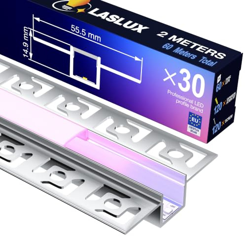 LASLUX LED Trockenbauprofil 2m × 30 – Aluminium LED Unterputzprofil 55.5×14.9mm – 12.9mm Innenbreite für Rigips