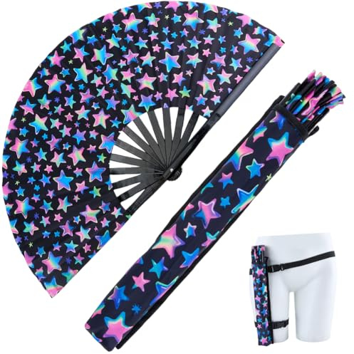 CREATCABIN 12.6 Inch Large Rave Fan UV Folding Glow Adjustable Bamboo Hand Fan with Bags Belt for Men Women Summer Line Dance Parties Music Festivals Club Performance Accessories Decoration(Star)