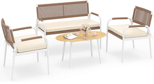 GYMAX Rattan Gartenmöbel Set, Lounge-Set mit Kissen, großer Couchtisch, 2 Sessel & 2-Sitzer Sofa, Outdoor Balkonmöbel Set, Terrassenmöbel für Terrasse, Garten, Balkon