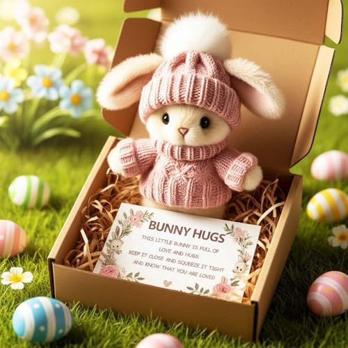 ZVD Mini Bunny Hug Cute Easter Gift, 2026 Neu Positive Easter Bunny Plush Toy, Osterhasen Deko with Knitted Hat Inspirational Card, Ostern Geschenkbox für Ostern Dekoration (Rosa)