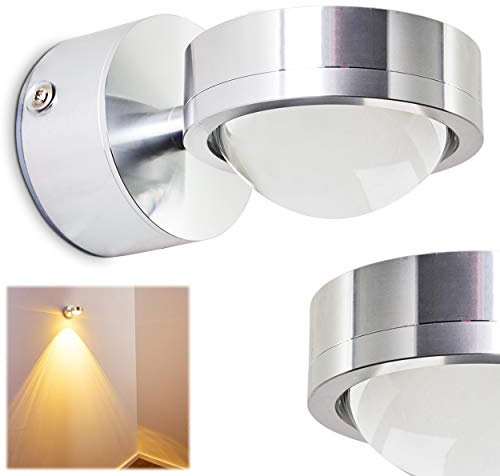 LED Wandlampe Indore, runde Wandleuchte aus Metall u. Glas in Aluminium gebürstet, Wandspot m. Lichteffekt, 3 Watt, 300 Lumen, Lichtfarbe 3000 Kelvin (warmweiß), IP 44, für das Badezimmer geeignet