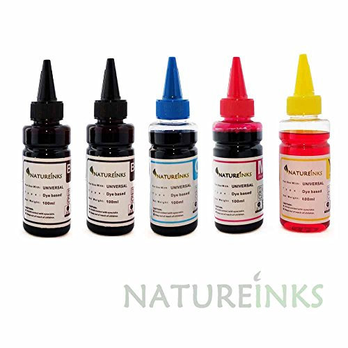 Natureinks 500ml Universal Refill (200ml x Black, 100ml x Cyan, 100ml x Magenta, 100ml x Yellow Ink dye kit Bottles for CISS or Refillable Cartridge