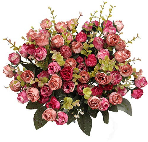Flojery 21 Heads Silk Rose Bouquet Artificial Flowers Mini Rose for DIY Wedding Bouquets Centerpieces Bridal Shower Party Home Decorations,Pack of 4 (Rose Red)