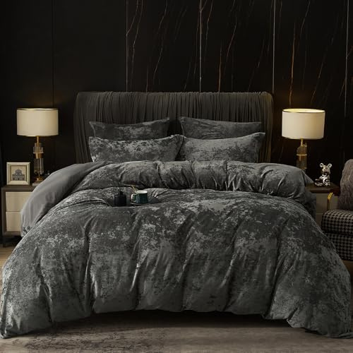 PHF Truly Velvet Duvet Cover Set King Size, 3pcs Ultra Soft Breathable Comforter Cover Set, Luxury Cozy Flannel Duvet Cover with Pillow Shams Bedding Collection, 104 x 90, Dark Gery