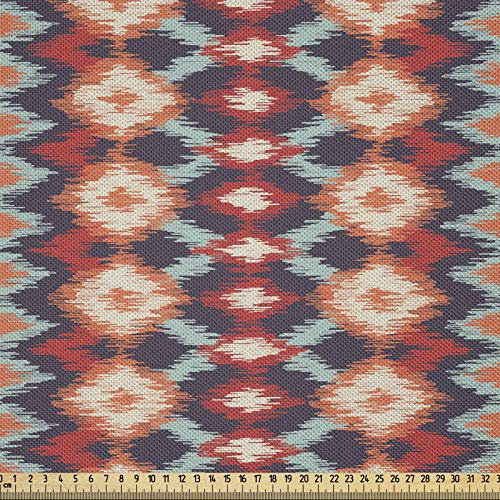 ABAKUHAUS Ikat Stoff als Meterware, Indigenes Stammesmuster, Seidiger Satin Stoff Zum benähen von Heimtextilien, 2M (148x200cm), Zinnoberrot Seafoam Orange