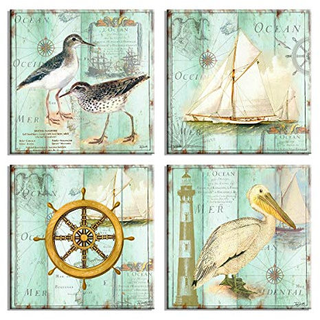 bestpricepictures Bild auf Leinwand Thema Meer Reiher Vögel Segelboot Steuerrad 6616-SCT deutsche Marke und Lager - Die Bilder/das Wandbild/der Kunstdruck ist fertig gerahmt 4 x 30 x 30 cm