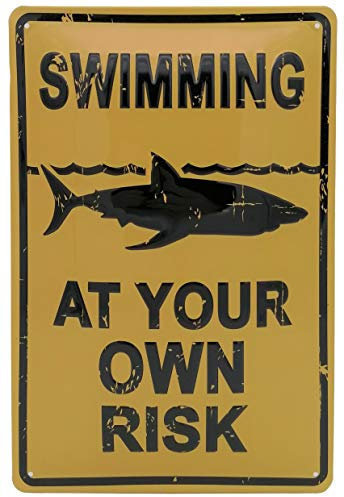 Swimming at Your own Risk - Warn-Hinweis Blechschild 30 x 20 cm, geprägtes Metallschild, Wandschild, Türschild, Dekoration (Indoor)