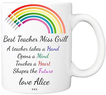 Personalised Teacher Mug – Rainbow Design Thank You Gift for Teacher, Teaching Assistant, Nursery, End of Term, School Leaving Present – Custom Name 11oz White Ceramic Coffee Cup
