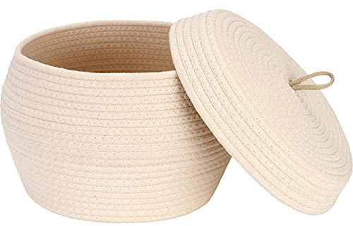 Sea Team Round Cotton Rope Storage Basket with Lid, Decorative Woven Storage Bin, Pot, Caddy, Organizer, Container for Snacks, Towels, Plants, 13 x 9 Inches (Large, Cream)