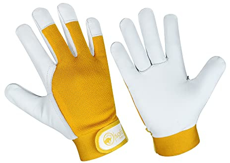 SAFTA Gardening Gloves for Men & Women, Leather palm with Breathable Spandex back, Thorn proof Gardening Glove, Multipurpose Gloves for Mechanics, Ware House, Driving Work .(Yellow, Small)