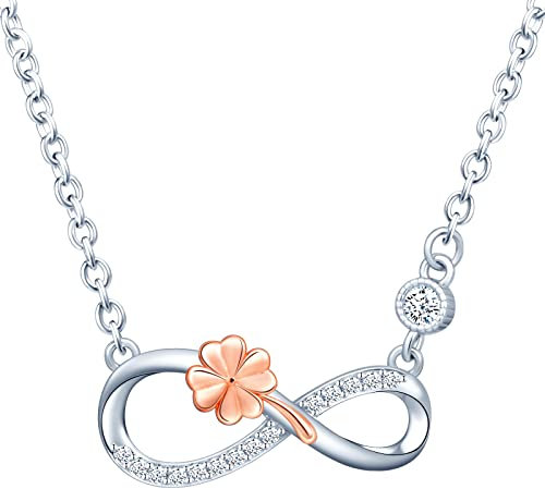 INFINIONLY Collier pour femmes et filles, Collier en argent 925, Pendentif Collier symbole de l'infini entrelacé de trèfle en or rose, Procédé unique de galvanoplastie couleur, orné zircon, élégant