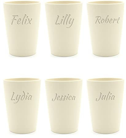 Magu 6 Personalisierte Becher aus Biopolymer (100% Erdölfrei) mit Namen | 6er Set Trinkbecher + Individuelle Namensgravur Zahnputzbecher Natur Design 6 Stück naturweiß