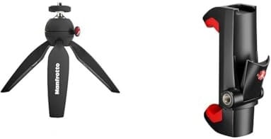 Manfrotto MTPIXIMII-B, PIXI Mini Tripod with Handgrip for Compact System Cameras, Technopolymer and Aluminium, Black & MCPIXI Universal Smartphone Clamp, Pro Version