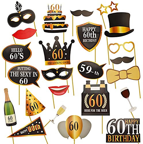 AIYONG 25 Stück 60.Geburtstag Deko Fotorequisiten, 60 Geburtstag Schwarzes Gold Photo Booth, Party Foto Booth Props für Partydeko, 60 Jahre Geburtstag Frau Mann Foto Requisiten Geschenke