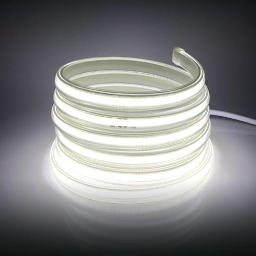 HEGEHE Alto Brillo Tira de LED COB 220V con Interruptor Alimentación, 360LEDs/m, IP65 Impermeable, Corte cada 50cm, Luz de Cuerda Flexible para Navidad, Halloween, Fiestas, Bodas (18m, Blanco Frio)