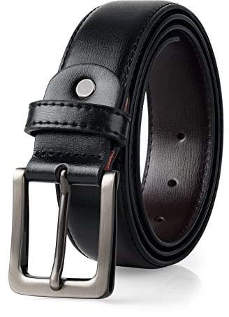 maikun Black Leather Belt for Men, Mens Belt for Jeans and Dresses, Silver Buckle Length37inch