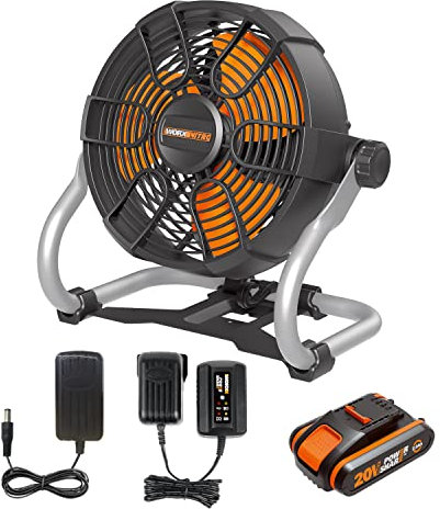 WORX NITRO 20V Cordless Jobsite Fan WX095, 9.5, Max. 6-Hour Working Time, 2 Speed Control, 360°Rotating Head, Max. 450CFM, PowerShare, 1 * 2.0Ah Battery, 1* Charger, 1* AC Adaptor