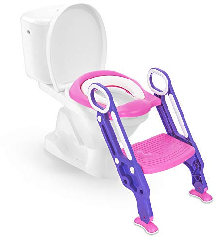 FiNeWaY Baby Potty Training Toilet Seat Step Stool Ladder – Child Toddler Adjustable Comfortable Folding Toilet Trainer with Soft Padded Cushion – Anti Slip (75Kg) – 1-7 Kids Boys Girls (Pink)