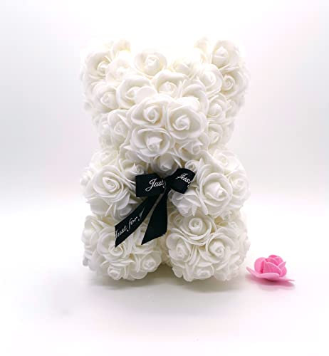 Amtang Rose Flower Bear Artificial Flower Hand Made Bear For Valentine's Day Birthdays Romantic Weddings Christmas Rose Gifts (25cm White)