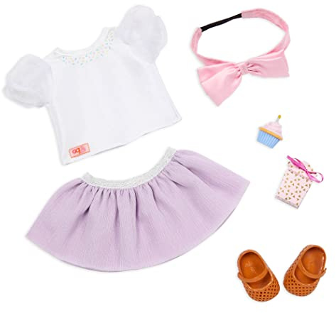 Our Generation Sweet Wishes 18-Inch Doll Birthday Outfit Set, Outfits | Includes top, skirt, headband, shoes, cupcake, and gift box accessory; fits most 18-inch dolls, Outfits, Deluxe; 5+ Years
