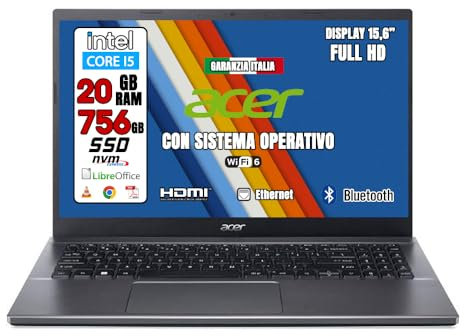 Acer Notebook NUOVO • Monitor 15,6 Full HD • Memoria SSD 256GB NVME + 512GB • CPU Intel Core i5 12th fino a 4ghz • Ram 20GB • HDMI, USB • WIN 11 • PRONTO ALL'USO