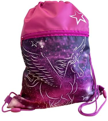 Undercover Turnbeutel Mädchen mit Pegasus - Schuhbeutel zum Zuziehen mit Sicherheitsverschluss und Reißverschluss Fronttasche - 32 x 41 cm