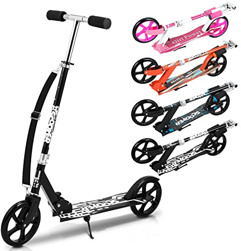Yakimz Praktischer Kinderroller mit Einstellbarer Höhe (90-100cm) und großen 190cm Rädern, Tragbar Tretroller, Kinderroller, Cityroller für Kinder ab 5 Jahre, Schwarz