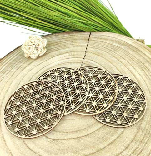 MC-Trend 4er Set Blume des Lebens Untersetzer Holz Natur Deko Zuhause Gastro Hotel Büro Küche Gläser Becher Tasse Vase Getränke DIY basteln Makramee Spirituell Coaster Partyzubehör (4er Set)