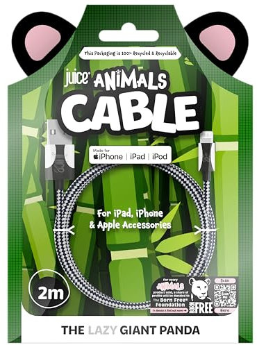 Juice Animals Apple iPhone Lightning 2M Braided Charger and Sync Cable for iPhone 14, 14 Pro, 13, 13 Pro, 12, 12 Mini, SE, 11, XS, XR, X, 8, 7, 6, 5, iPad, Pro, Air, Mini, Airpods Pro (Giant Panda)
