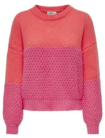 ONLY Onlrose Life Ls O-Neck Block KNT Sweater, Corail épicé/détail : Rose Camelia, M Femme