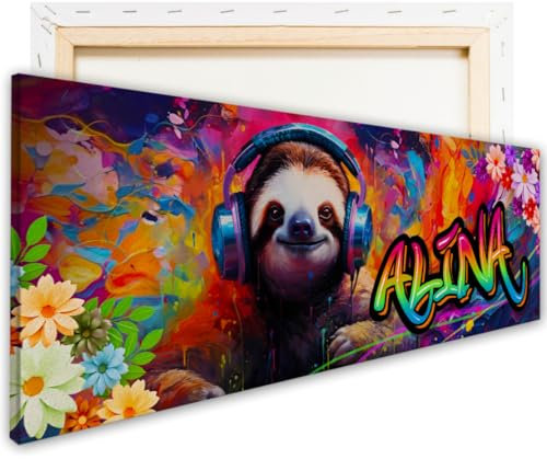 tjapalo® vz106 Leinwandbild Graffiti Jugendzimmer Bild mit Namen Coole Bilder für Teenager Cool Graffiti Bild Kinderzimmer Mädchen Wandbild Faultier Leinwand mit Namen Mädchen, Größen Name: B60xH20cm