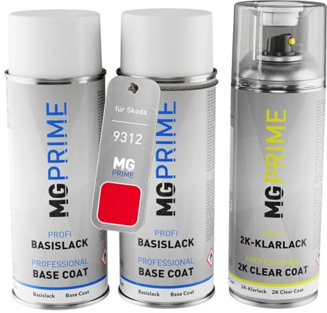 MG PRIME Autolack 2K Spraydosen Set für Skoda 9312 / F3E Rally Rot Grundlack Basislack 2 Komponenten Klarlack Sprühdose
