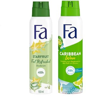 Fa Deospray Sternfrucht Feel Refreshed (150 ml) Sternfrucht & Aloe Vera & Deospray Caribbean Wave (150 ml) exotischer frischer Duft der Zitrone, 48 h Deo-Schutz