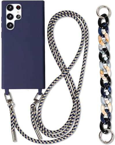 Galful Coque avec Cordon de Collier pour Samsung Galaxy S24 Ultra Étui Colliers de Téléphone avec 2 Chaine Bandouliere Housse TPU Silicone Case Mince Antichoc Réglable Lanyard Case-Bleu foncé