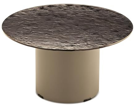 Mondo Viro Runder Beistelltisch Dixon mit Metallfuß und Glasplatte (Bronze gehämmert Rückseite Silber, Beige, unten - cm Ø60x30h)