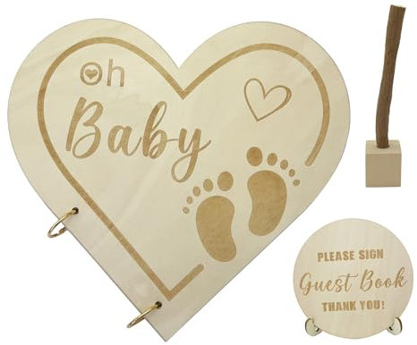 CSARPECT Baby Gästebuch, Erinnerungen DIY Einklebebuch Wünsche Holzschild mit 30 Seiten, Segen Für Das Baby Und Ratschläge, Geburtstag Taufe Dusche Geschenke Partys (1, Herzförmig)