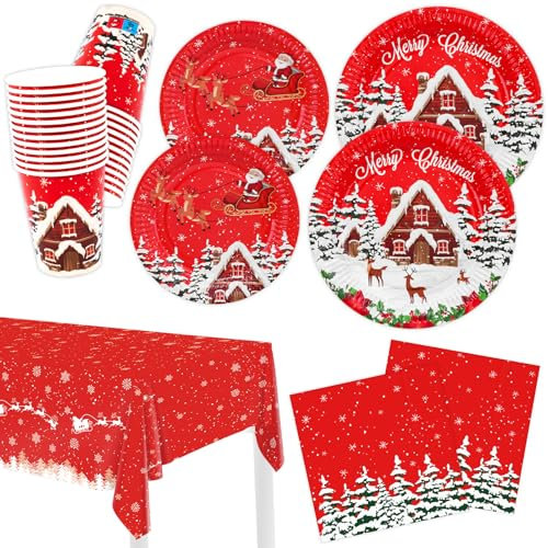 HNH Piatti, Tovaglioli e Bicchieri di carta Natale Casa della neve 101 pezzi Piatti di carta da dessert usa e getta con Tovaglie Set di Stoviglie monouso per feste