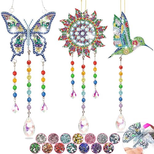 Basteln für Mädchen im Alter von 6 7 8 9 10 Jahren, Geschenkideen und Spielzeug ab 5 6 7 8 Jahren, Diamond Painting Spielzeug ab 5-12 Jahre, Punkt-Edelstein-Kunst Windspiele zum Aufhängen 3Stück