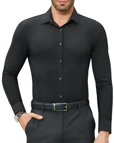 DEMEANOR Stretch Dress Shirts for Men Long Sleeve Mens Dress Shirts Muscle fit Formal Shirts Slim fit Casual Shirts for Men Black