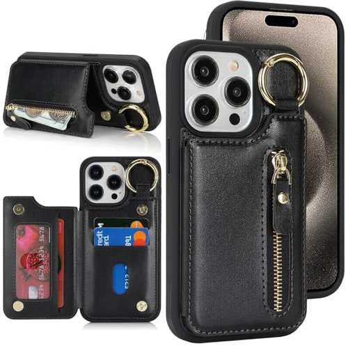 Zouzt for iPhone 15 Pro Max 6.7 Inch Wallet Case with Card Holder for Men Women, PU Leather Kickstand Credit Slots Case, Key Ring Flip Zipper Stand Shockproof Protective Phone Cover - Black