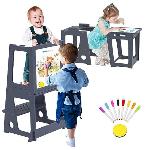 Kinder Küche Tritthocker,Hölzerne Klappbare Lernturm ab 1 Jahr mit Whiteboard und Sicherheit Schiene, Tritthocker 2 in 1 Tisch für Kinder Bad Waschbecken, Anti-Rutsch-Plattform